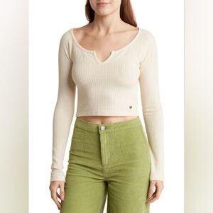 Roxy Crop Waffle Knit Top, Large, OATMEAL